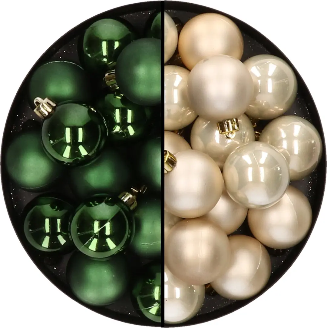 32x stuks kunststof kerstballen mix van donkergroen en champagne 4 cm