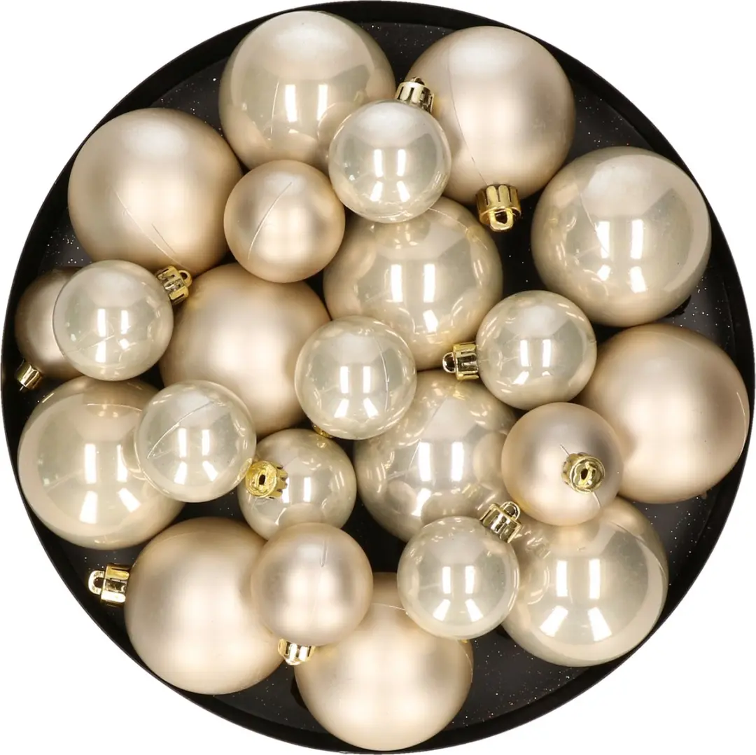 Kerstversiering kunststof kerstballen parel/champagne 6-8-10 cm pakket van 22x s