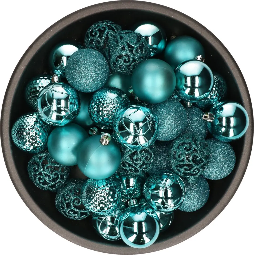 37x stuks kunststof kerstballen turquoise blauw 6 cm inclusief kerstbalhaakjes