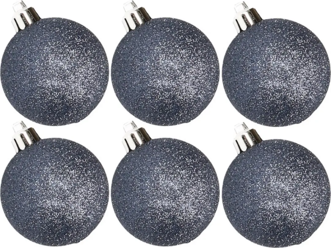 6x stuks kunststof glitter kerstballen donkerblauw 6 cm
