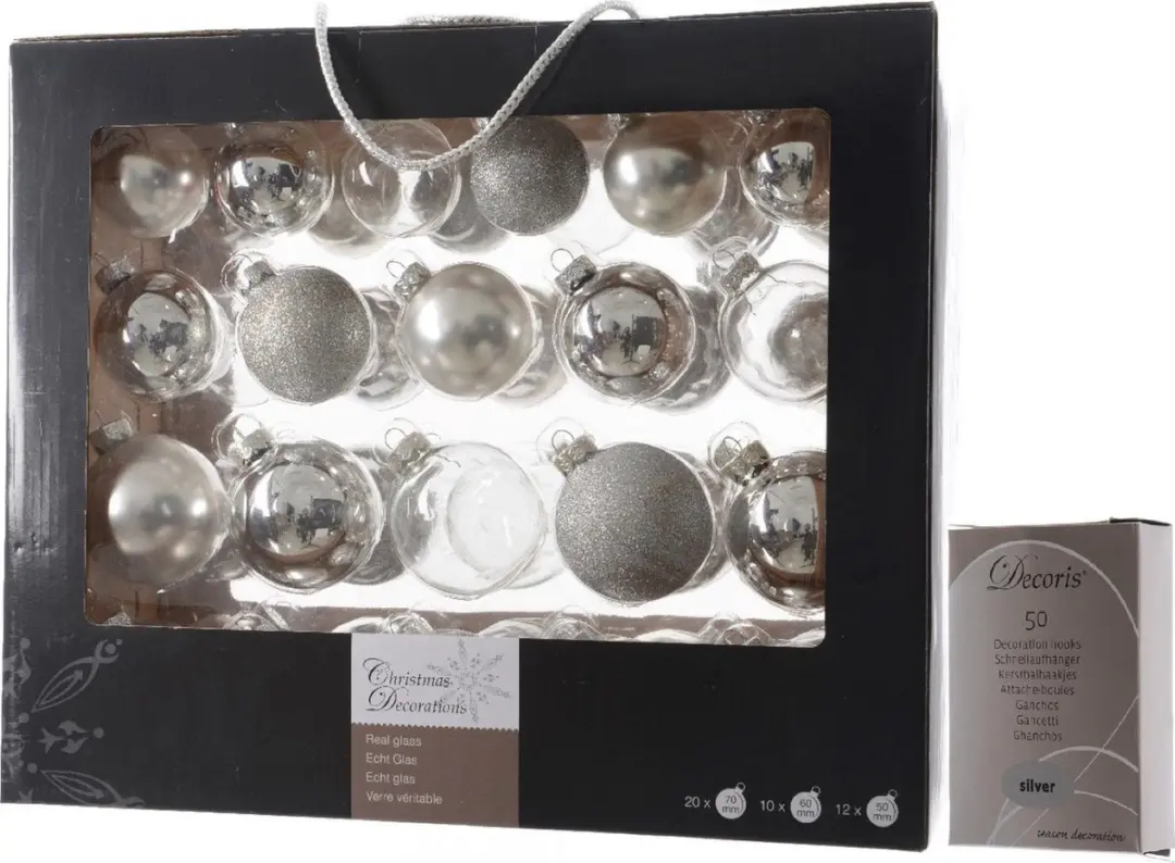 Kerstversiering glazen kerstballen pakket 5-6-7 cm zilver mix 42x stuks met zilv