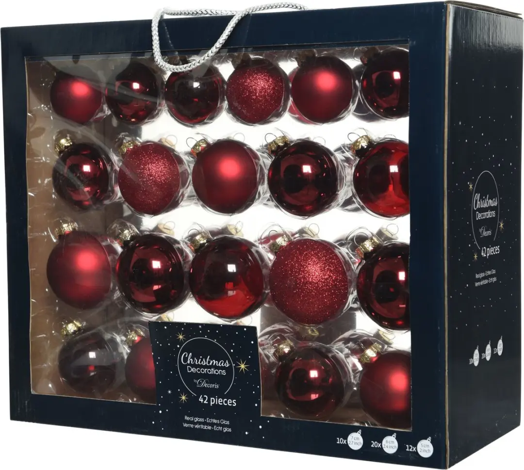 Decoris kerstballen - 42x - donkerrood - glas - 5-6-7 cm - mat/glans/glitter - kerstversiering - Kerstboomversiering