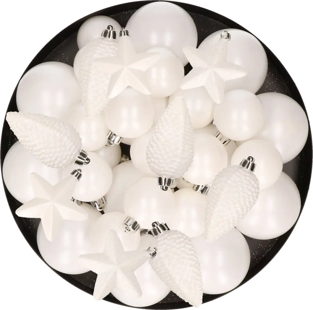 Kerstversiering kunststof kerstballen winter wit 6-8-10 cm pakket van 68x stuks
