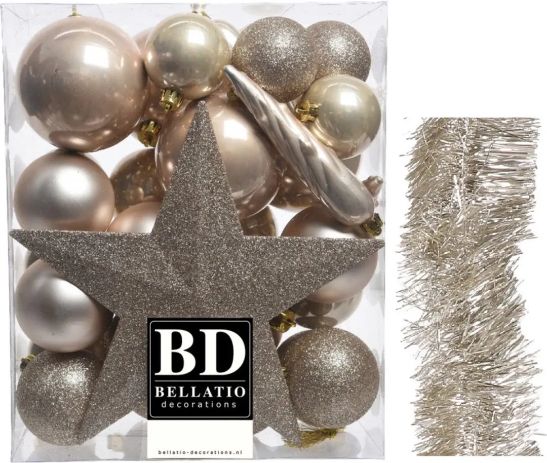 Kerstballen 5-6-8 cm 32x st met ster piek en slingers champagne