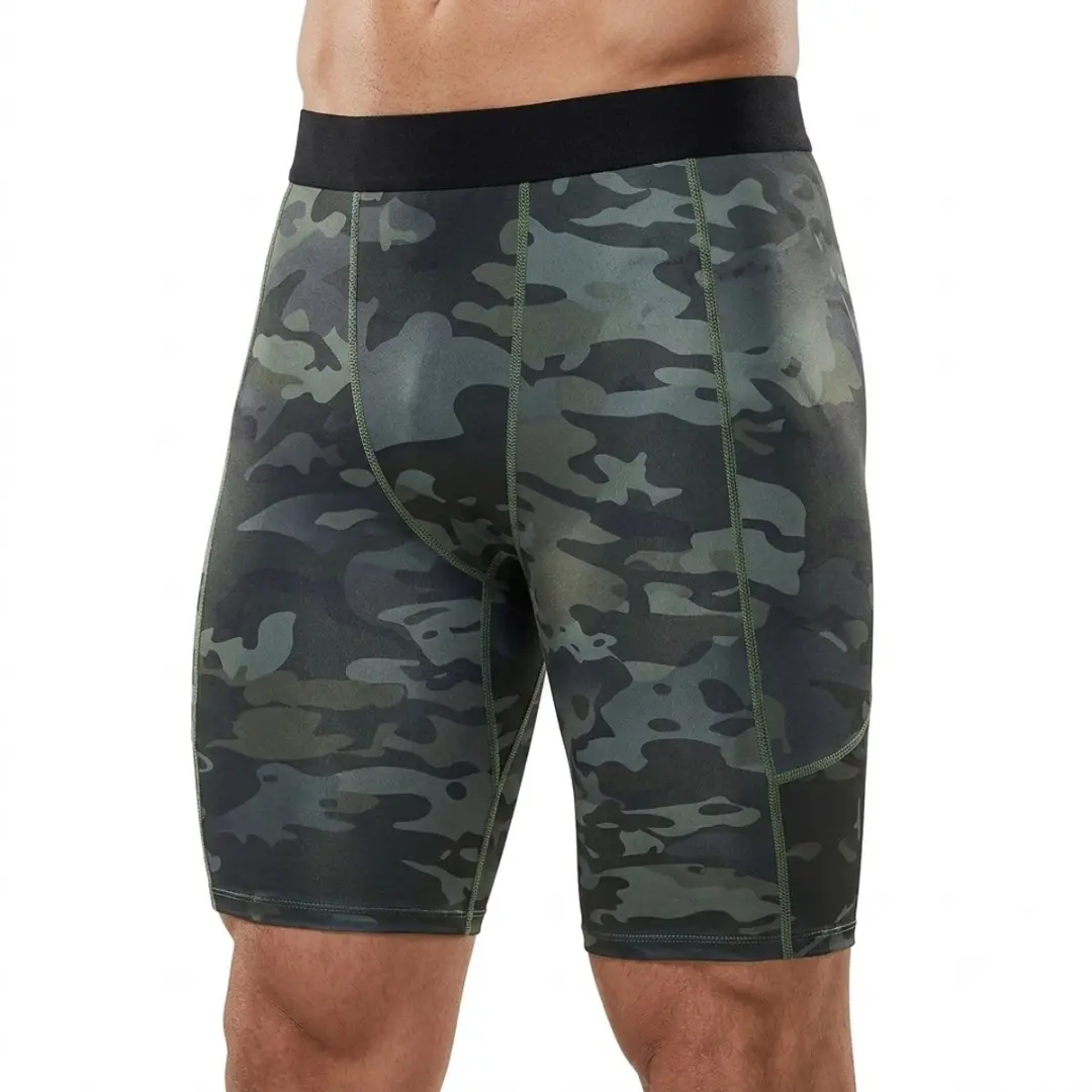 Legergroene camouflage sportonderbroek heren compressie short hardloop broek fitness broek basketbal training tights met telefoon zak elastisch sneldrogend camouflage patroon maat M