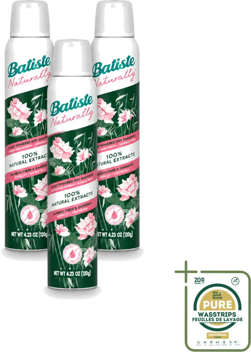 3 x Batiste - Naturally Bamboo Fibre & Gardenia - Droogshampoo - Versterkt en Verfrist - 100% Natuurlijk - 200ml - Natuurlijke Droogshampoo - Haarkleur - Haartype - Vet Haar - Droog Haar