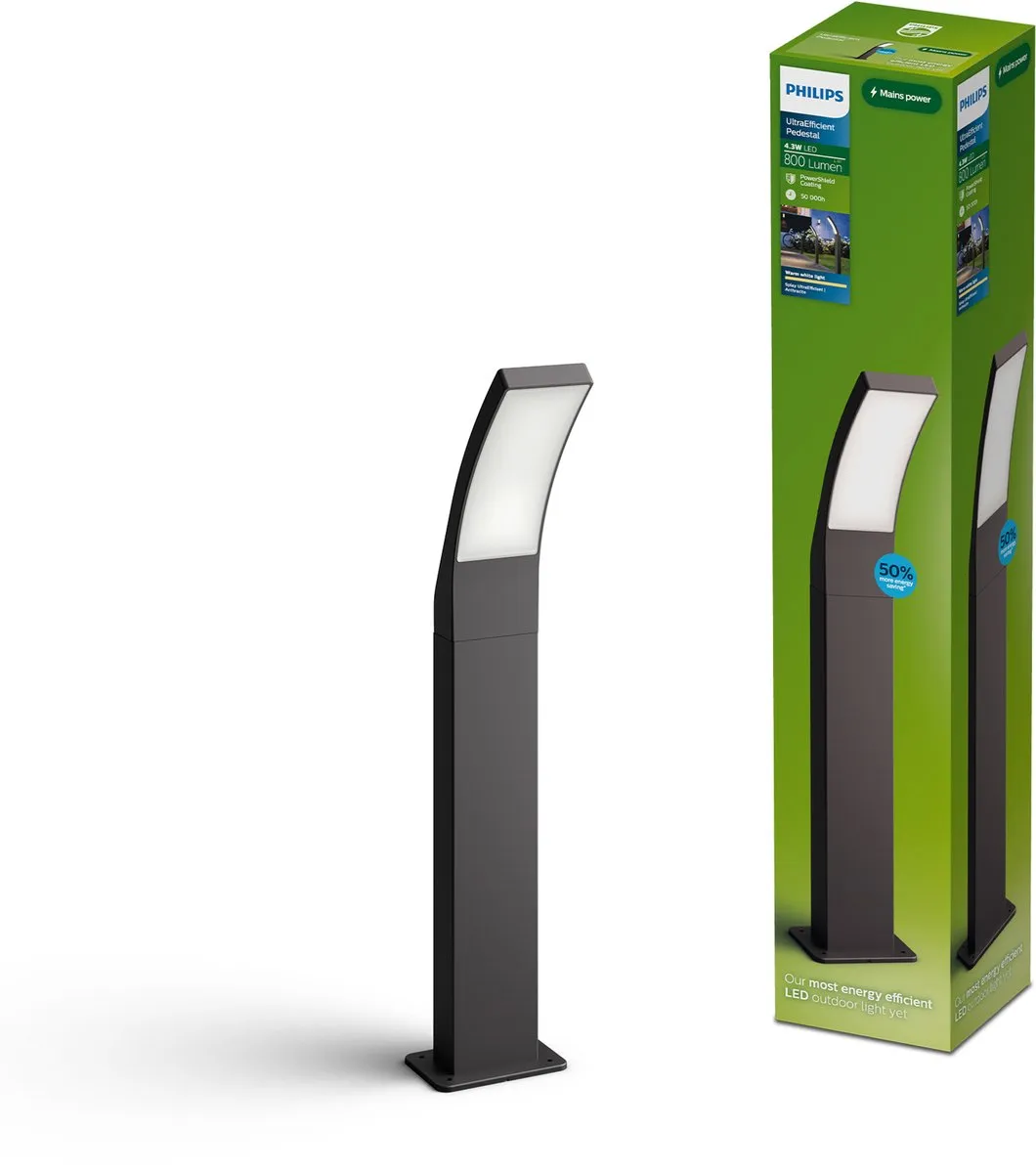 Philips Splay Sokkellamp - Buitenverlichting - Weerbestendig: IP44 - PowerShield Coating - Warmwit licht: 2700K - Hoogwaardig Aluminium - Antraciet