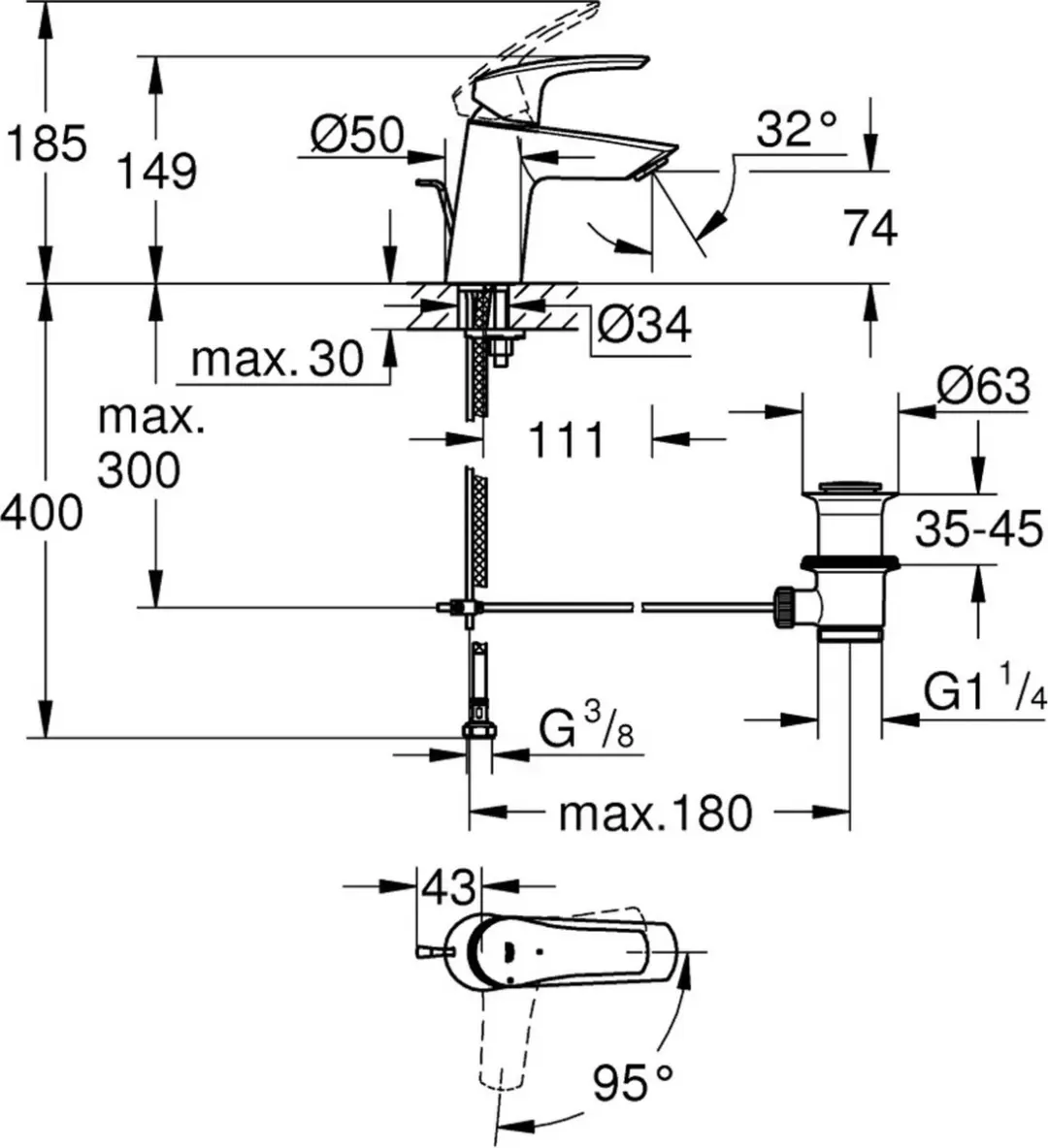 Grohe Eurosmart Wastafelmengkraan S-Size Chroom - afbeelding 5 van 6