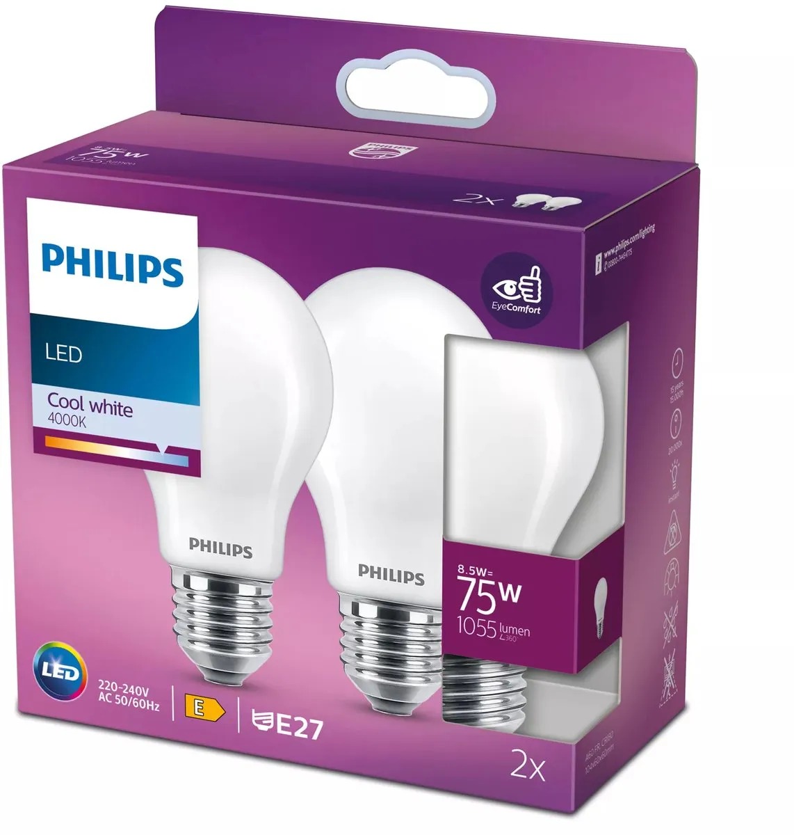 Philips LED 8,5W E27 A++ Koelwit Mat - 2 Stuks