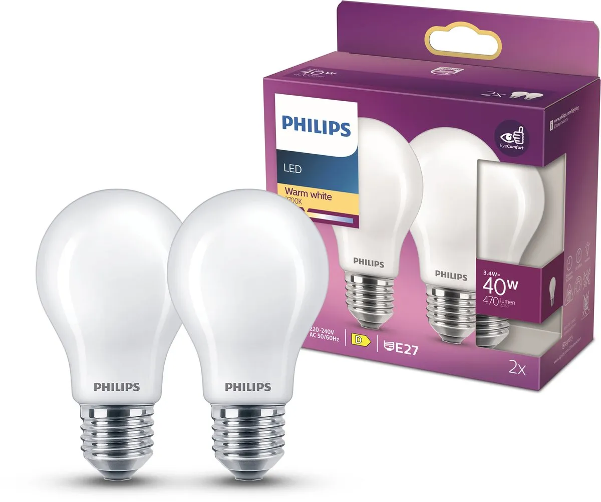 Philips LED E27 Warmwit 4,5W Mat Glas - 2 Stuks