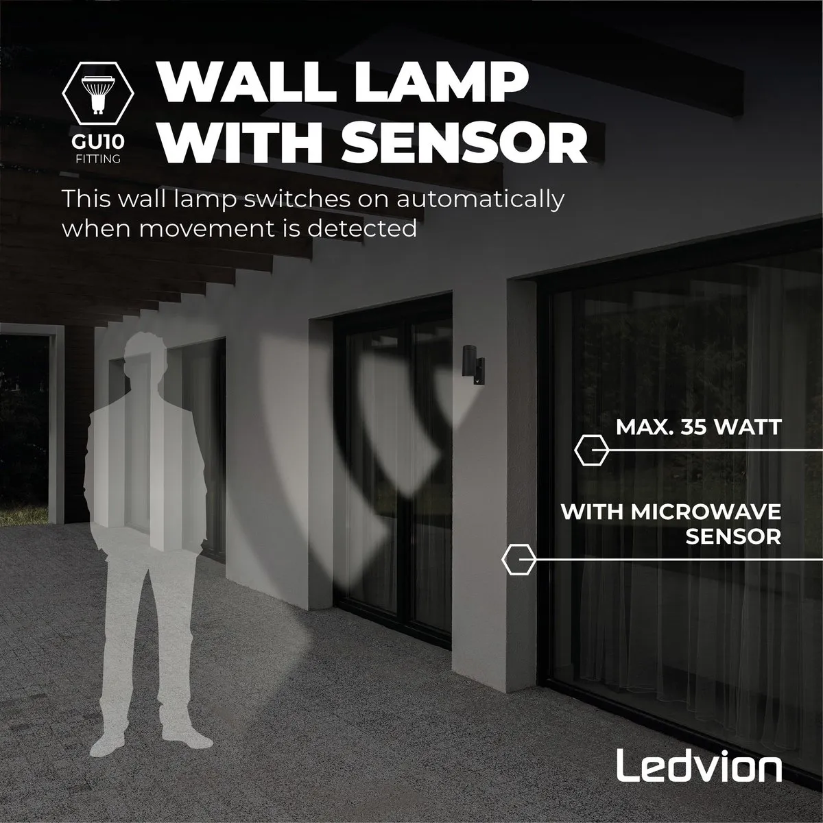 Ledvion 4x Wandlamp GU10 IP54 - Zwart met sensor
