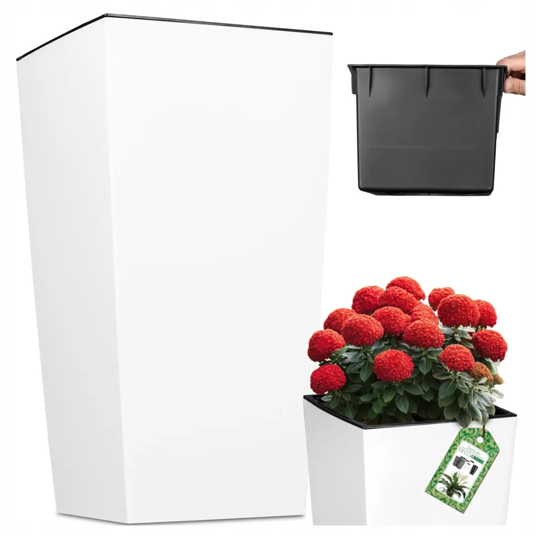 Matte Witte Hoge Vierkante Pot 42cm met Inzetstuk