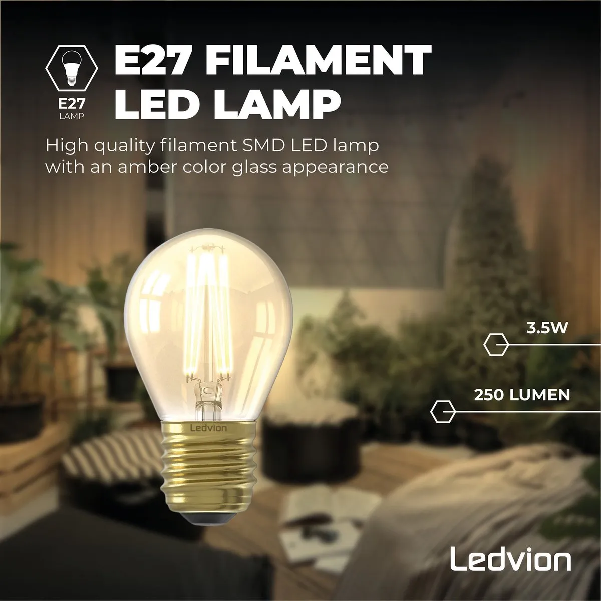 LEDVION LED Prikkabel 25m - 25x Goud E27 LED 1W 2100K IP65