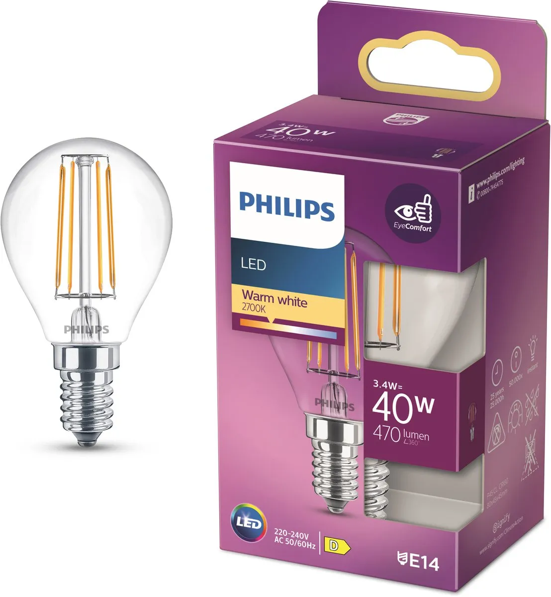 Philips LED Kogellamp E14 4W Warmwit