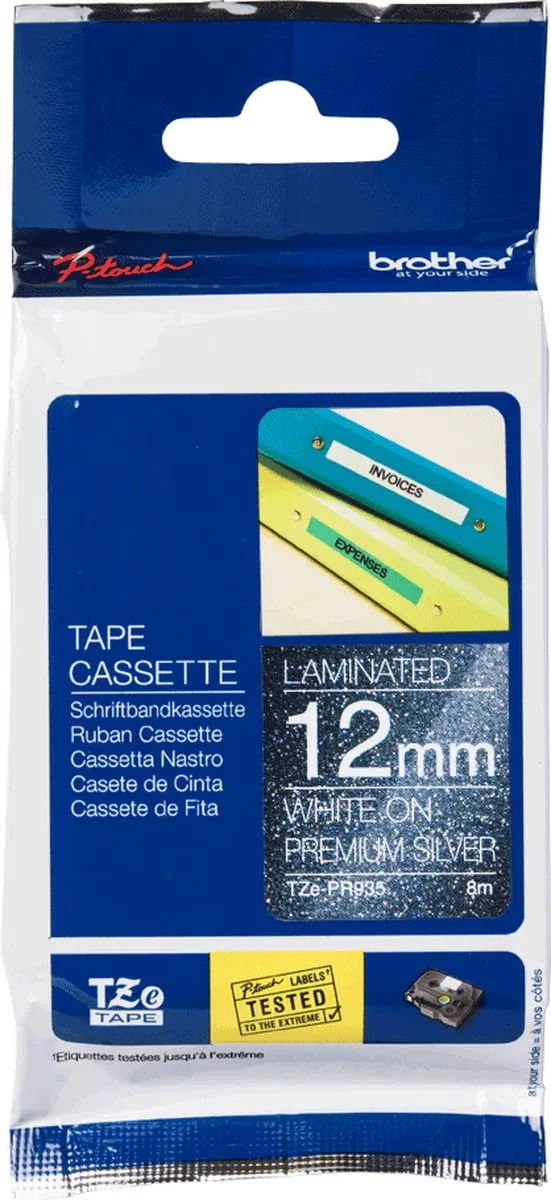 Brother TZe-PR935 Labeltape - Zilver/Wit 12mm 8m