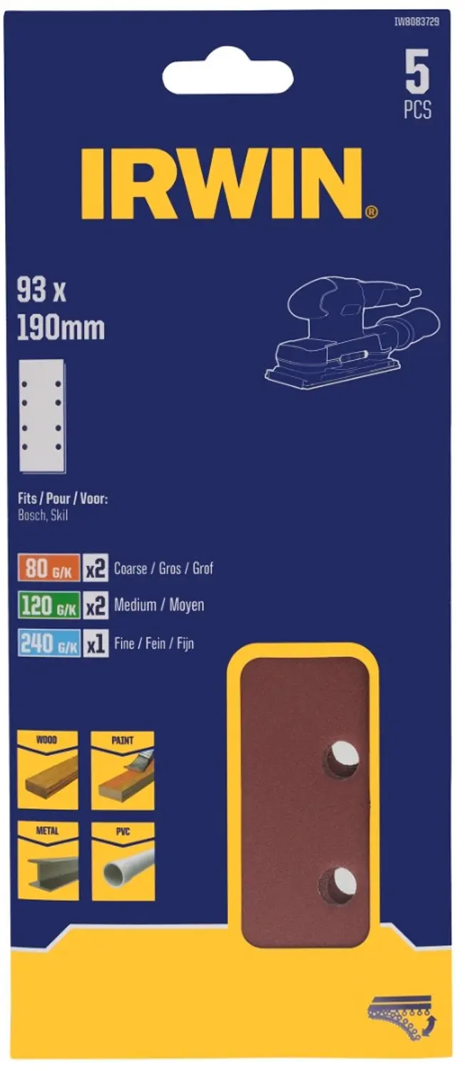 Irwin schuurvel 190 x 93 mm K80/K120/K240 zelfhechtend, met perforatie voor Bosc
