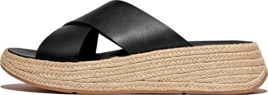 FitFlop FitFlop F-Mode Espadrille Leather Flatform Cross Slides ZWART