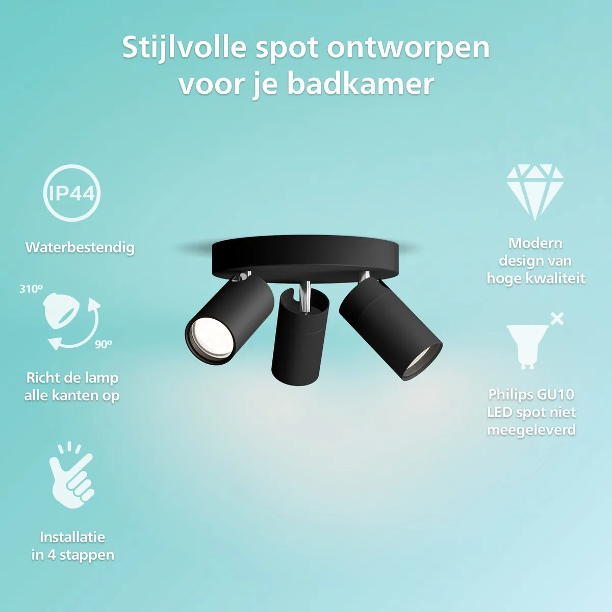 Philips Idris Spot Plafondlamp 3x5W IP44 - Zwart
