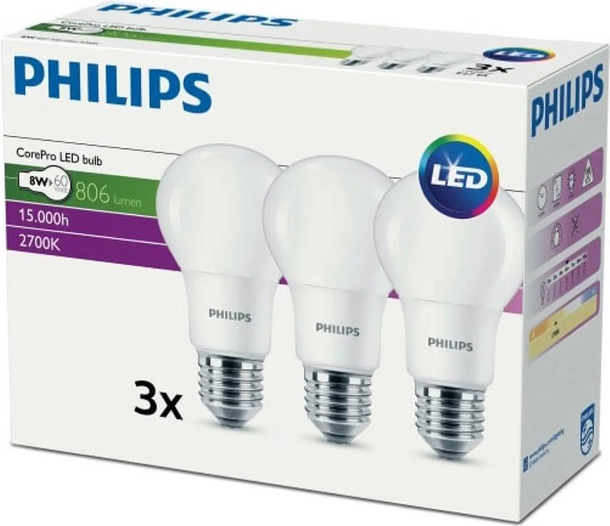 Philips CorePro LED E27 8W Warm Wit Mat - 3 Stuks