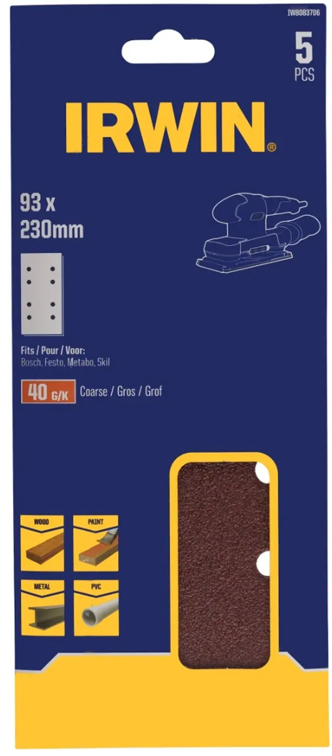 Irwin schuurvel 230 x 93 mm K40 voor klembevestiging, met perforatie voor Bosch,