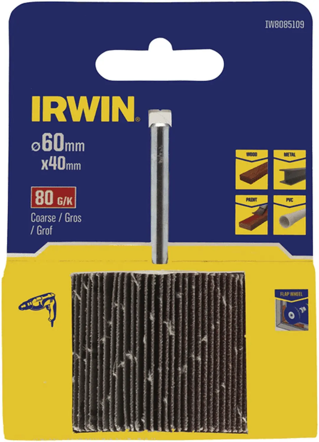 Irwin lamellenschuurwiel voor (accu)boormachine. Ø60mm Lengte 40 mm Korrel 80