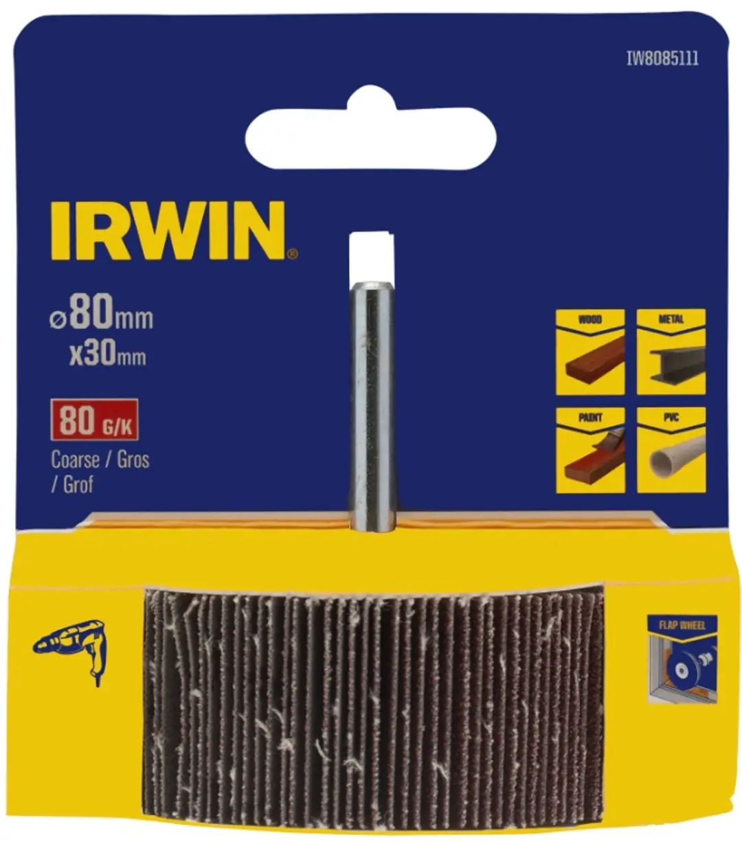 Irwin lamellenschuurwiel voor (accu)boormachine. Ø80mm. Lengte 30 mm. Korrel 80