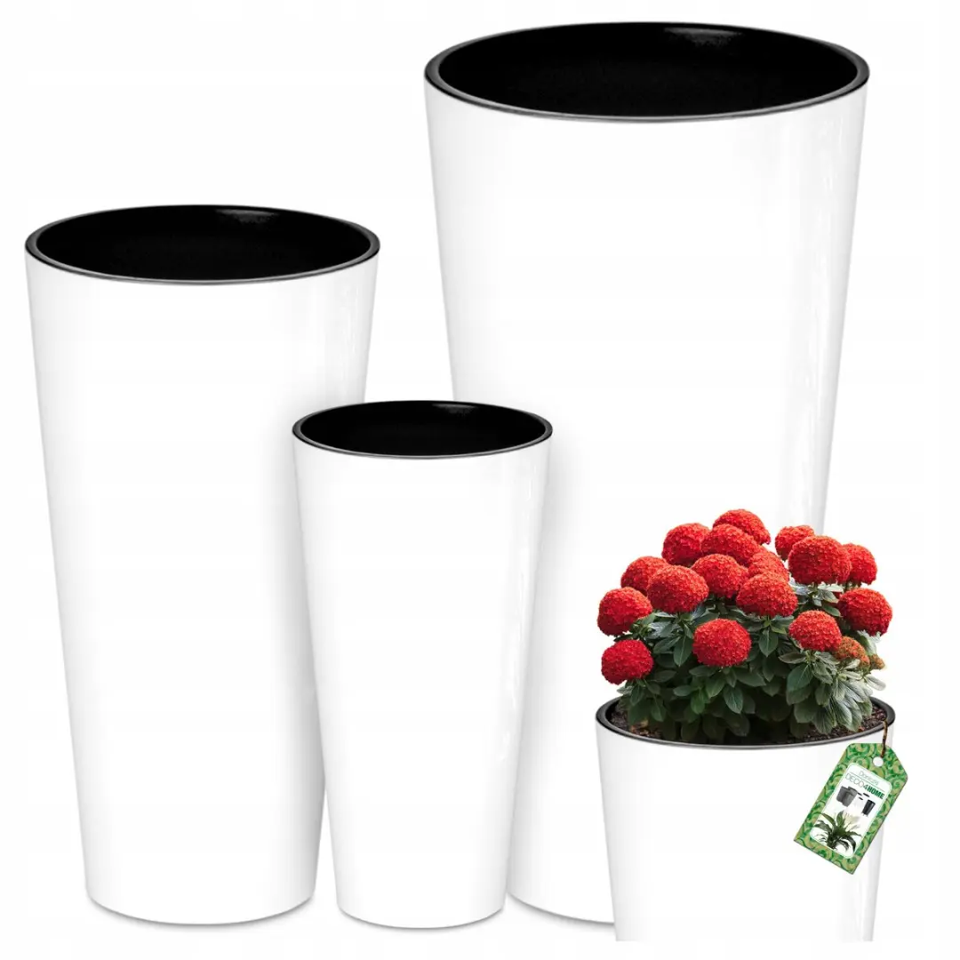 Set van 3 witte glanzende bloempotten met inzetstukken