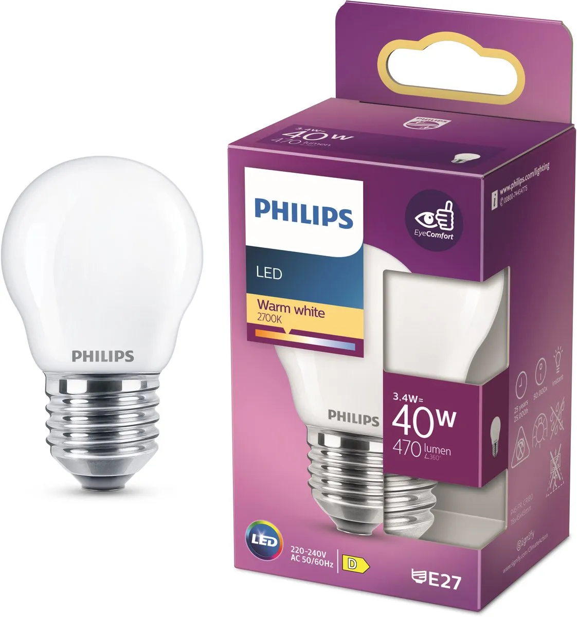 Philips LED Kogellamp E27 4W Warmwit Mat