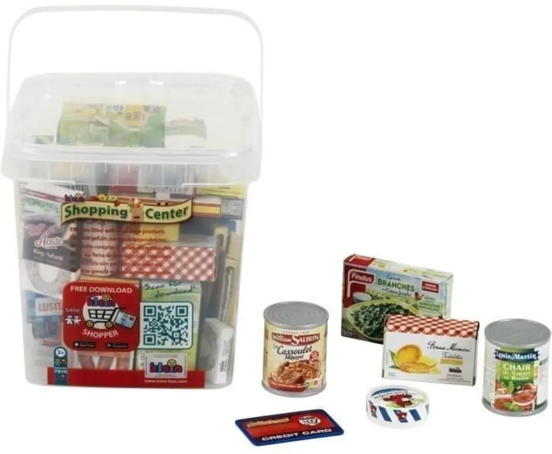 Grote opbergdoos bekleed met dummy foodboxen met bekende merken en in het Frans