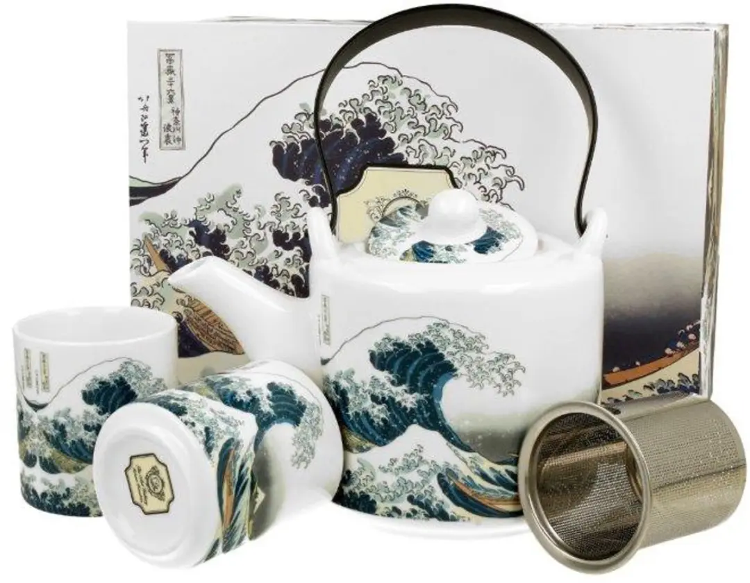 Thee set met theepot en 2 kopjes, Hokusai 'Grote Golf' design