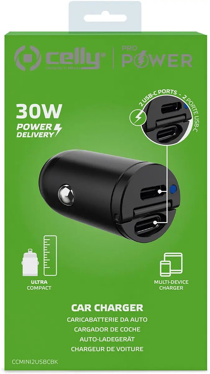 Celly Mini Autolader CCMINI2USBCBK 2x USB-C 30W