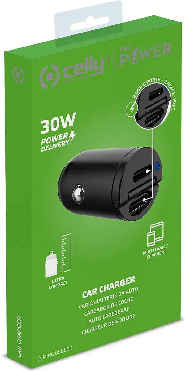 Celly Mini Autolader CCMINI2USBCBK 2x USB-C 30W - Zwart - afbeelding 5 van 5