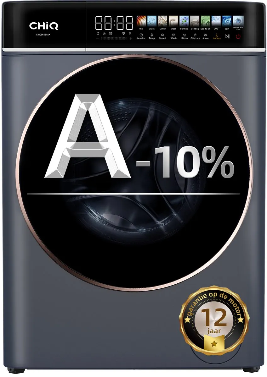 CHiQ CW086581AX - Wasmachine - 8 KG - Full service - Space Pro - Energielabel A-10% - 13.5 Inch Led-touchscreen - 12 programma's - AI Smart - Stoomwassen & Quick Wash - 12 jaar garantie op motor - 2025 Nieuw