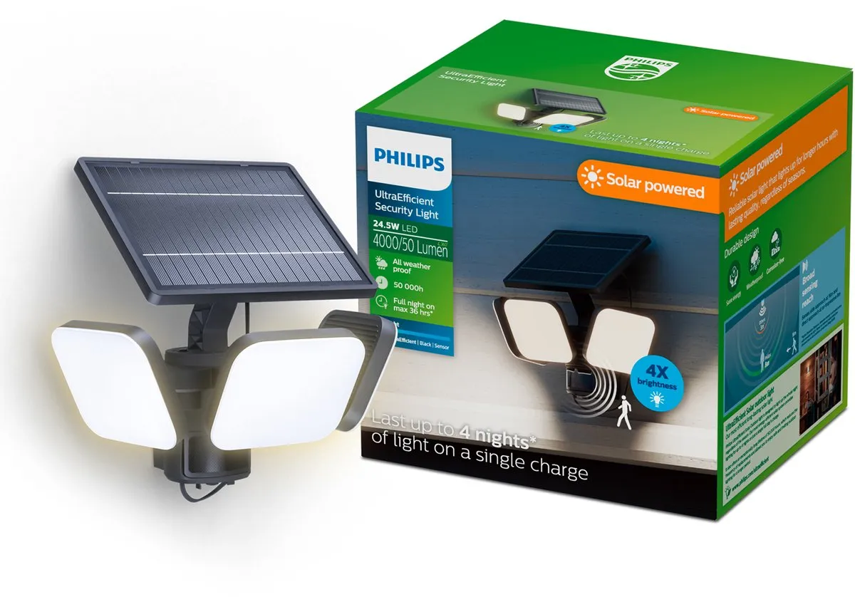 Philips UltraEfficient Zyren Wandlamp - Solar Beveiligingslamp - Floodlight - Bewegingssensor - Helder wit licht: 5000K - 24,5W - Zwart - Twee lichtstanden - Schemersensor - Zonne-energie - Waterbestendig