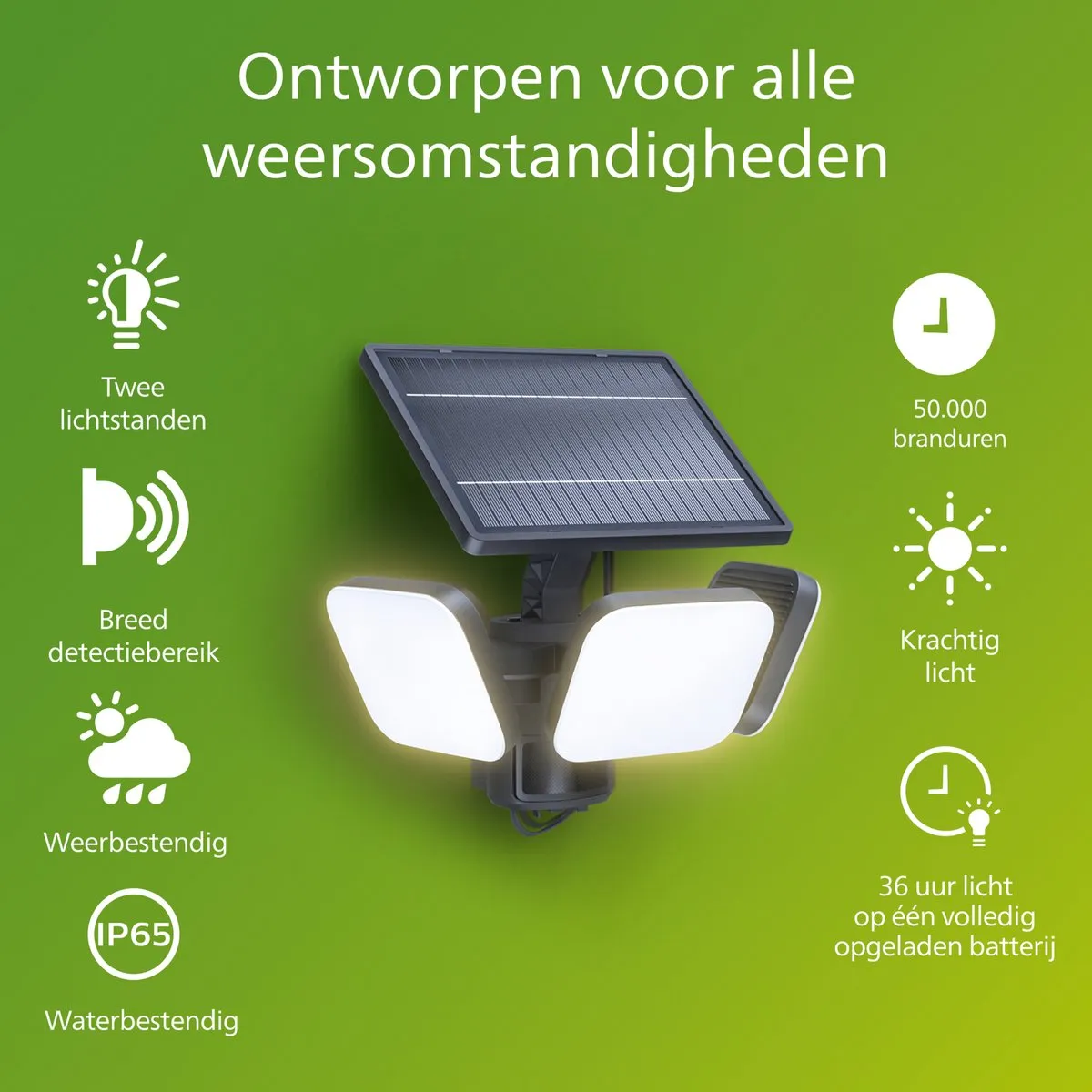 Philips UltraEfficient Zyren Wandlamp - Solar Beveiligingslamp - Floodlight - Bewegingssensor - Helder wit licht: 5000K - 24,5W - Zwart - Twee lichtstanden - Schemersensor - Zonne-energie - Waterbestendig