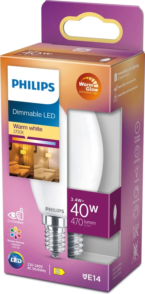 Philips LED Kaarslamp E14 3.4W - Mat - Warmwit
