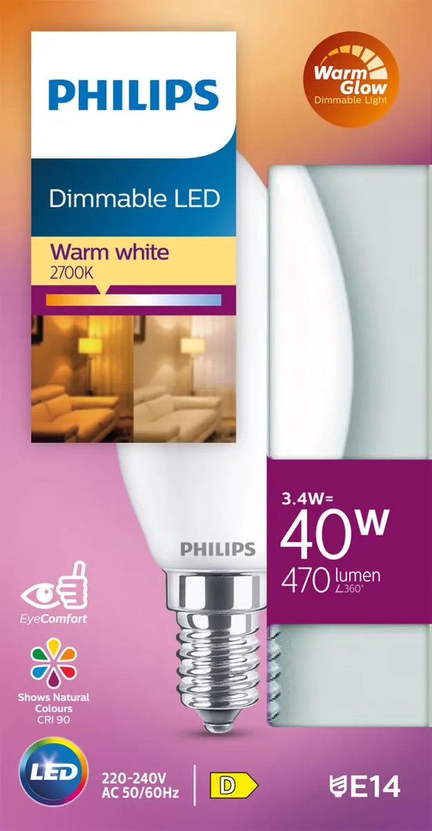 Philips LED Kaarslamp E14 3.4W - Mat - Warmwit - afbeelding 6 van 6
