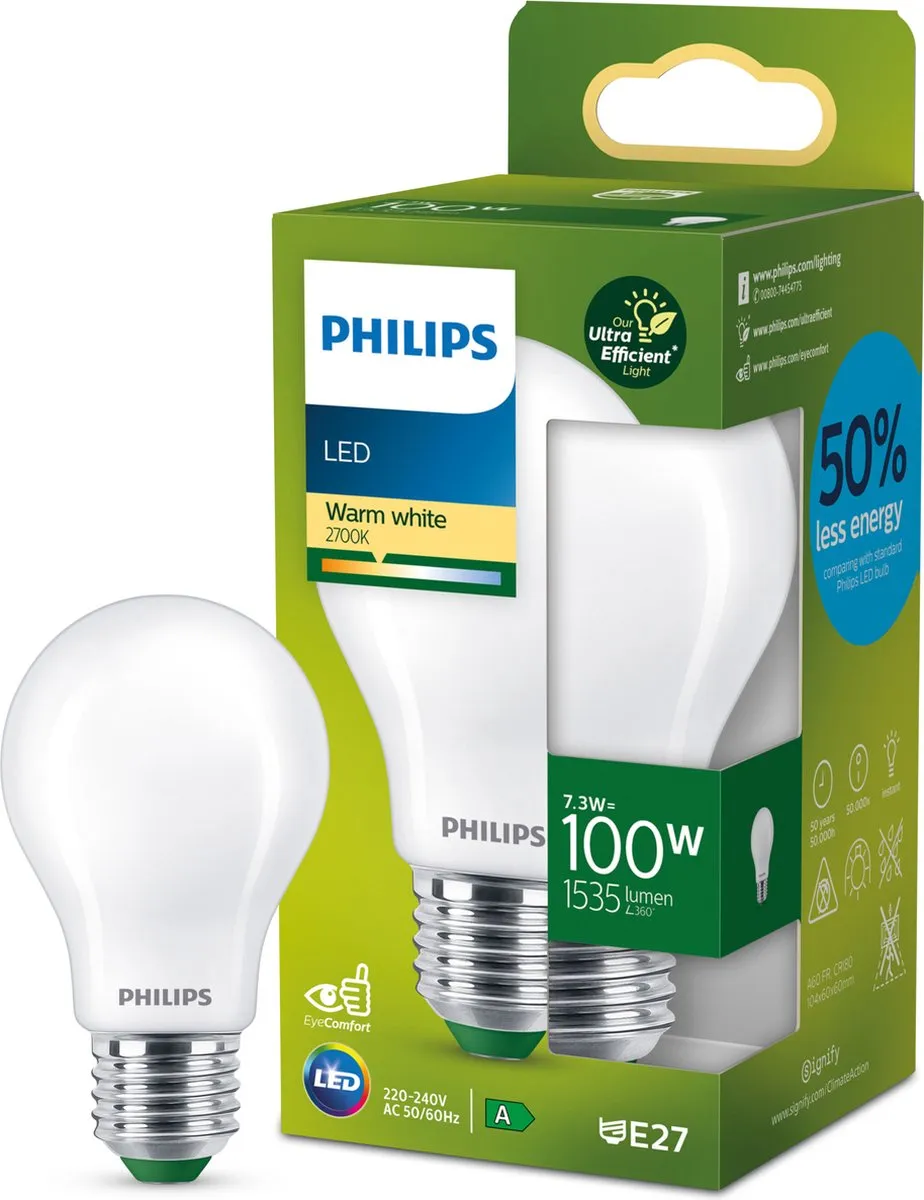 Philips Ultra Efficient LED Mat E27 7.3W Warmwit