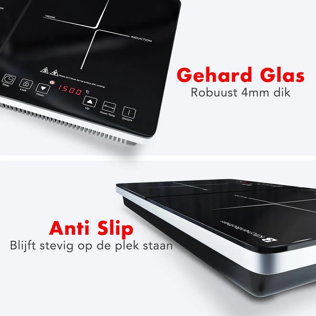 KitchenBrothers Inductie Kookplaat - 2 Pits - Vrijstaand - 1500W + 2000W - RVS