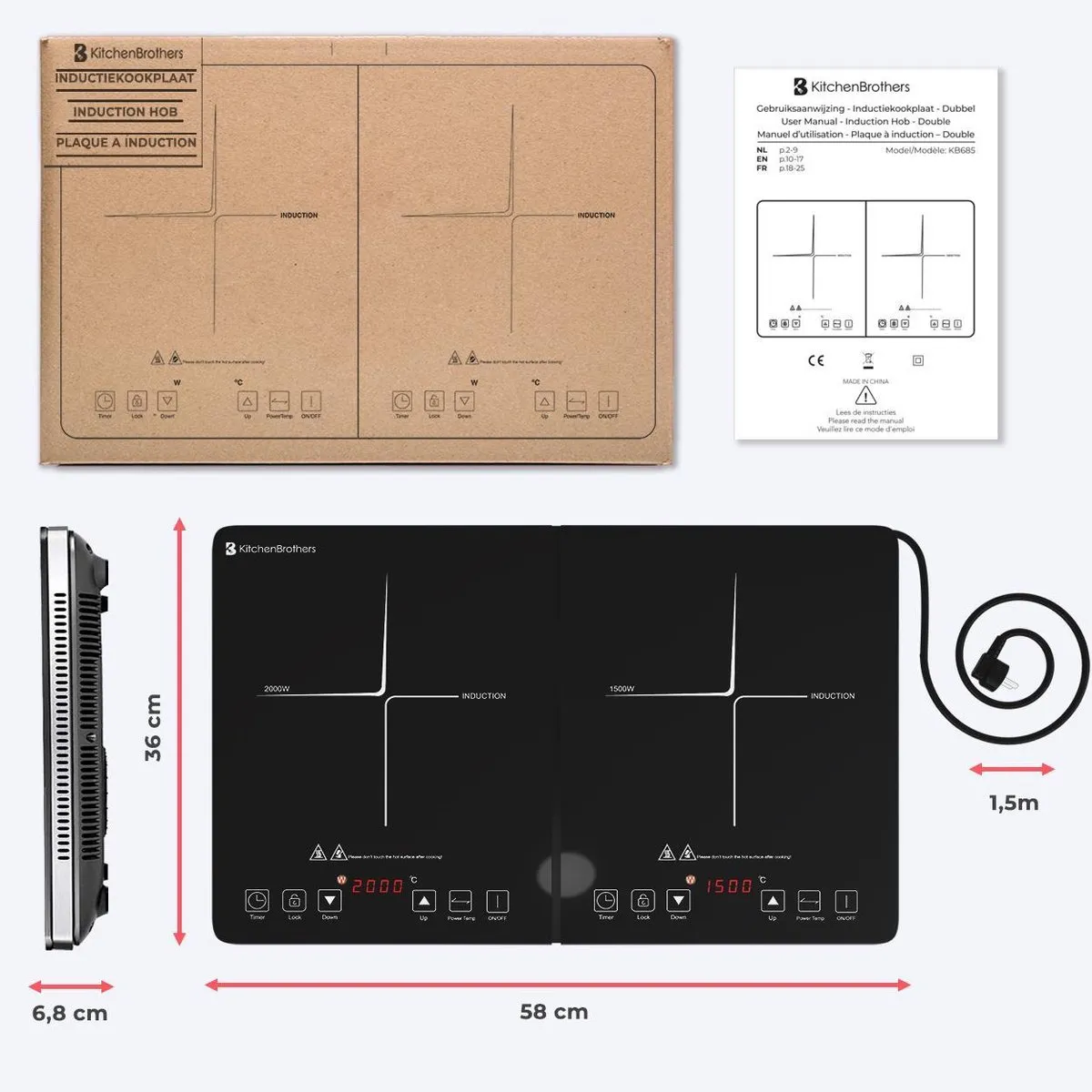 KitchenBrothers Inductie Kookplaat - 2 Pits - Vrijstaand - 1500W + 2000W - RVS