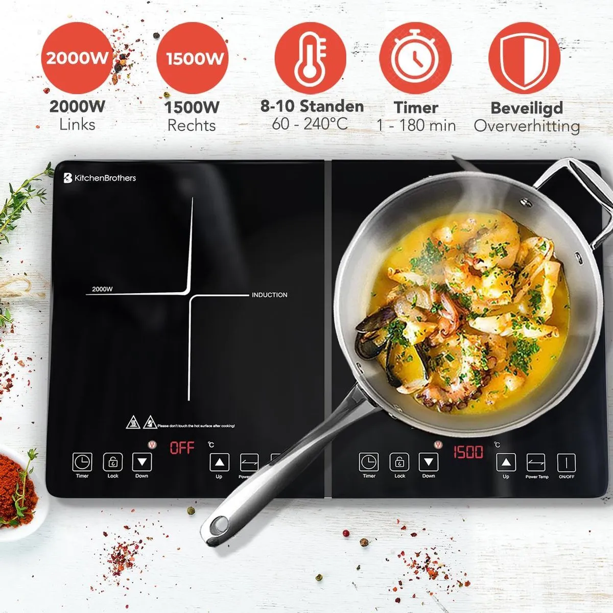 KitchenBrothers Inductie Kookplaat - 2 Pits - Vrijstaand - 1500W + 2000W - RVS