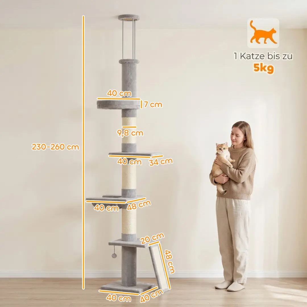 PawHut Kattenboom 230-260cm - 5 Niveaus - Lichtgrijs - afbeelding 5 van 6
