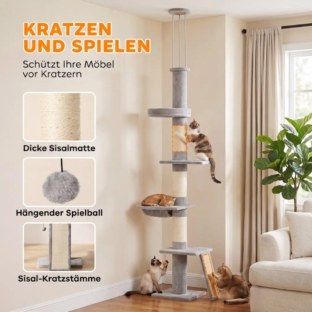 PawHut Kattenboom 230-260cm - 5 Niveaus - Lichtgrijs - afbeelding 6 van 6