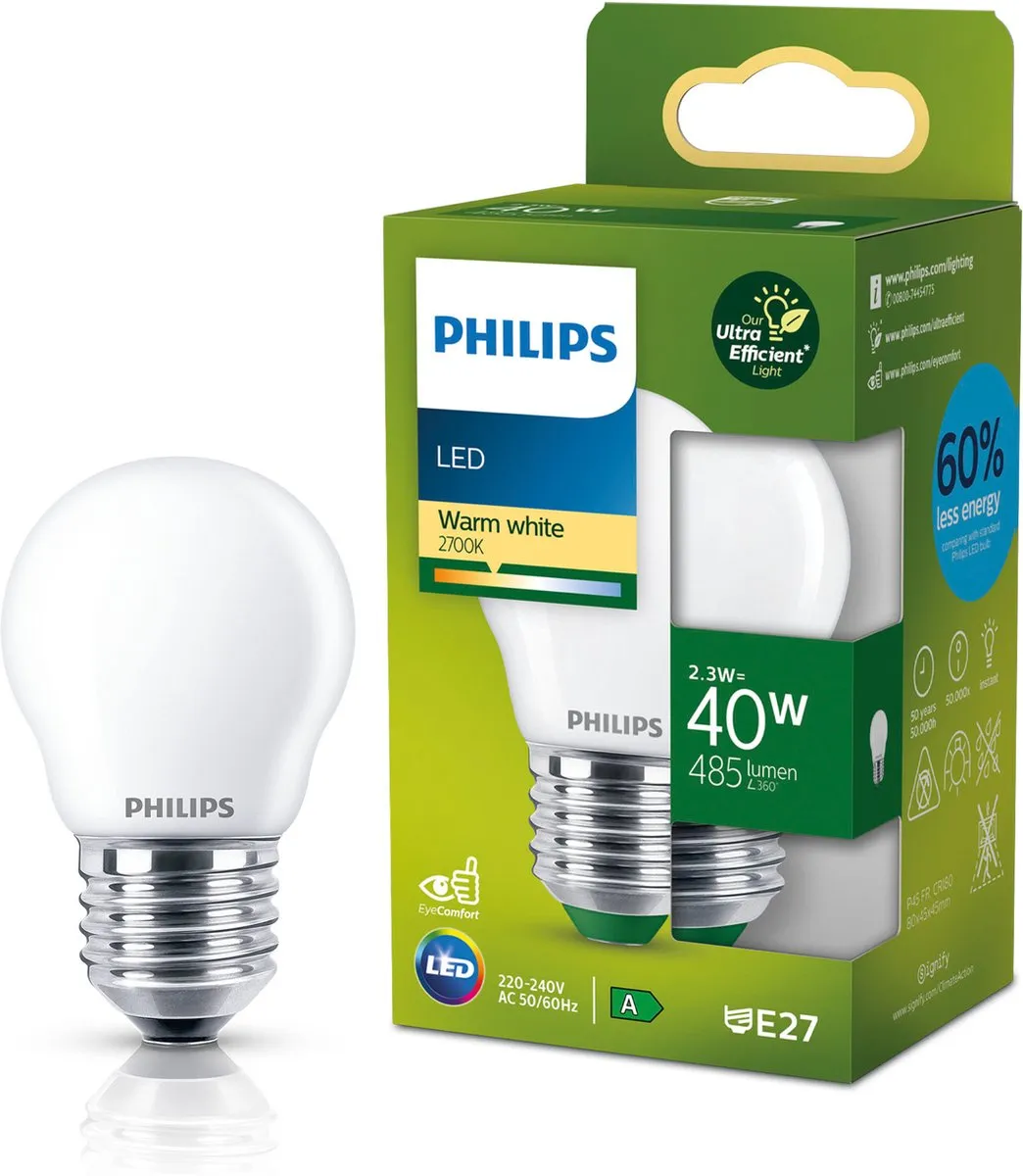 Philips Ultra Efficient LED Kogellamp 2.3W E27