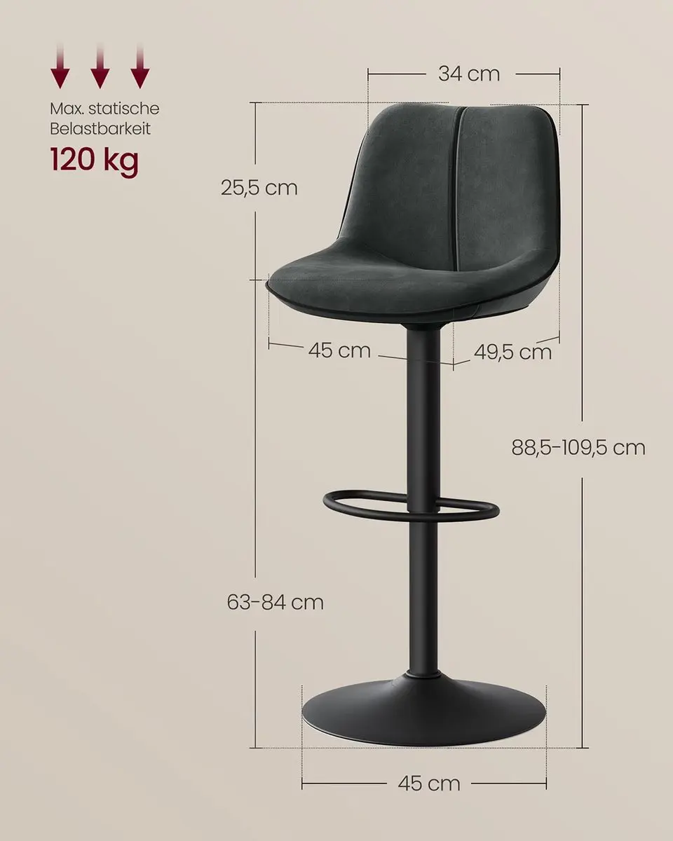 Songmics LJB188G01 Verstelbare Barstoelen - 2 Stuks - Grijs - afbeelding 2 van 6
