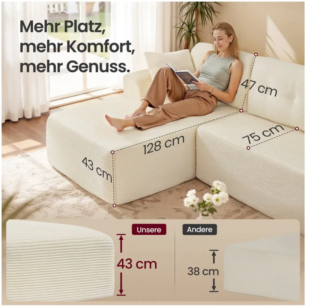 Songmics LCS183WD01 Modulaire Hoekbank - 244cm - Crèmewit - afbeelding 3 van 6