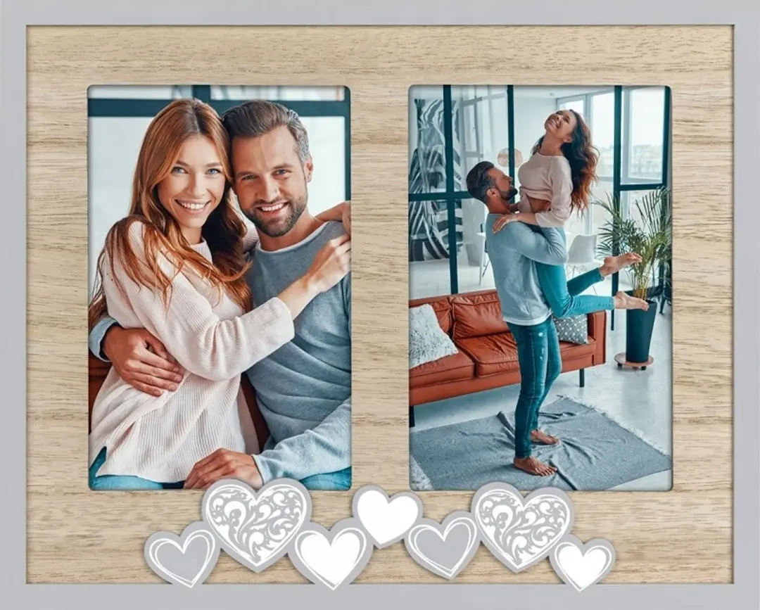 Houten fotolijst Lola voor 2 foto's 10x15 cm met hartjes