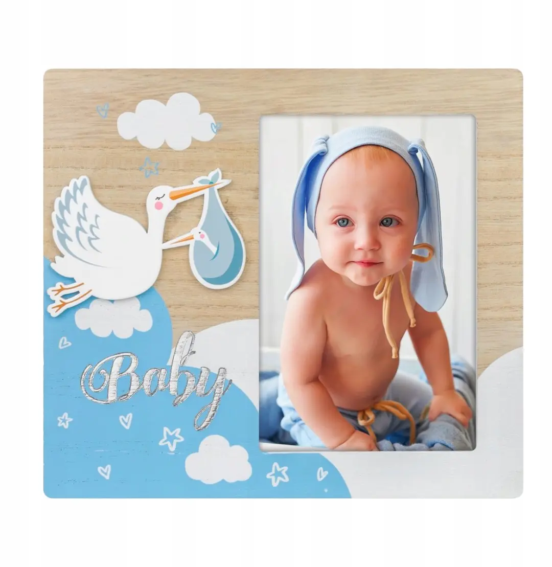 Baby Fotolijst 10x15cm Blauw met Ooievaar