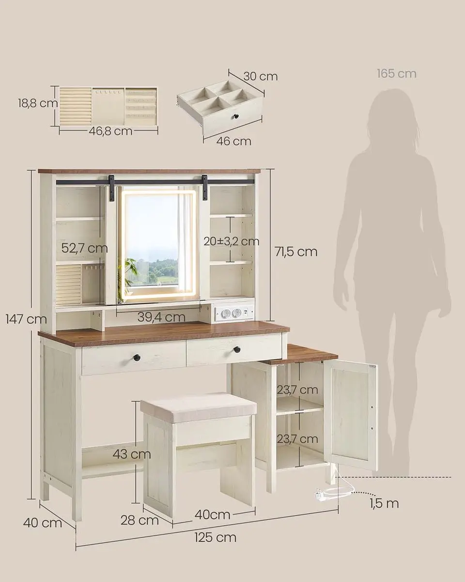 Songmics LIRY Kaptafel met Spiegelverlichting - Bruin/Wit - afbeelding 6 van 6