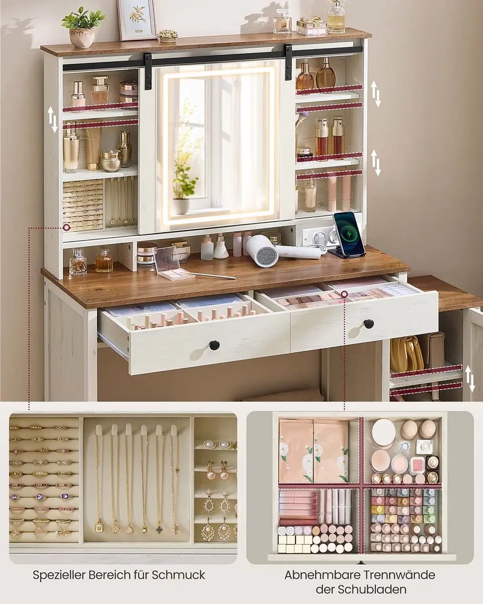 Songmics LIRY Kaptafel met Spiegelverlichting - Bruin/Wit - afbeelding 3 van 6